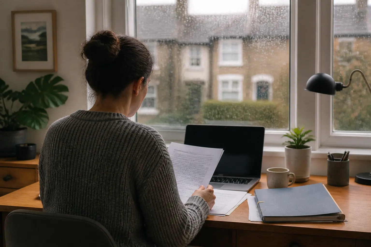 Home worker reviewing insurance paperwork beside a laptop on a rainy day