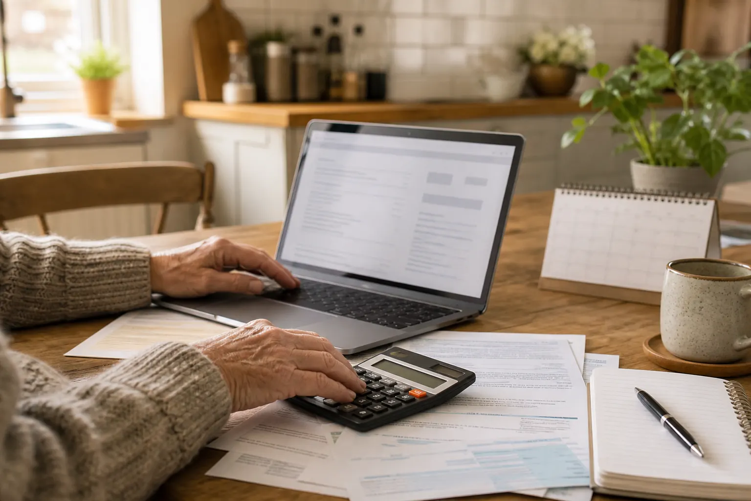 Older adult checking pension planning paperwork with a laptop and calculator