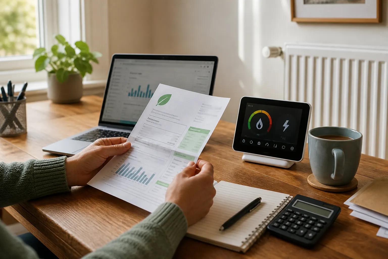 Person reviewing household energy use beside a smart meter and laptop