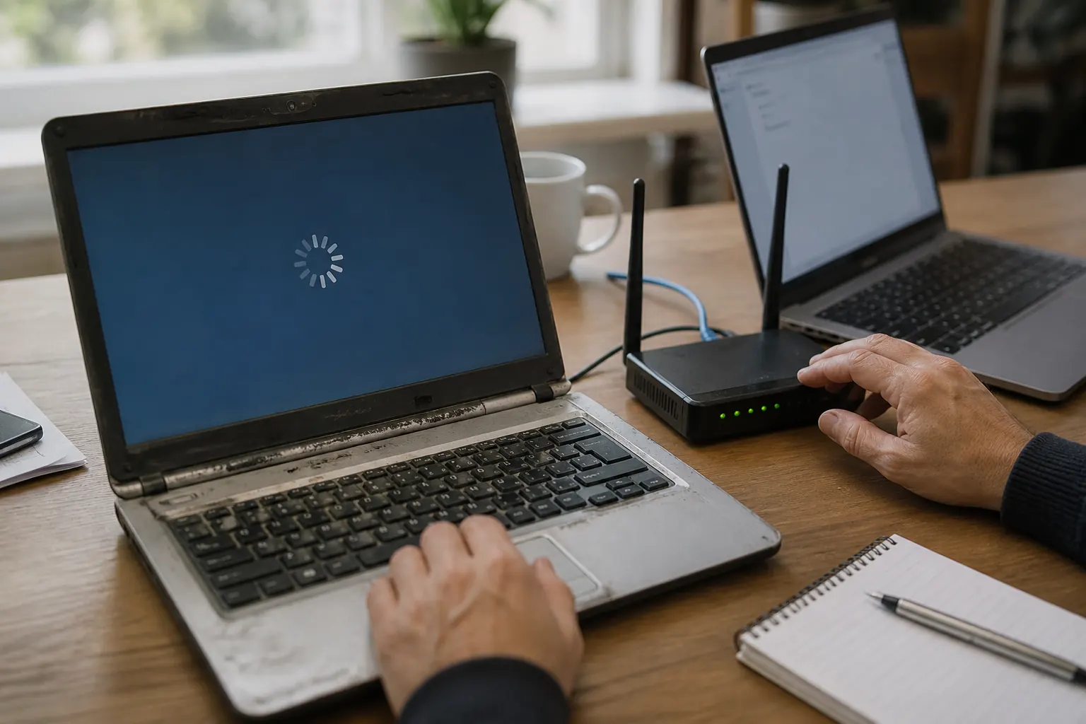 Small-business worker troubleshooting an ageing laptop and network router