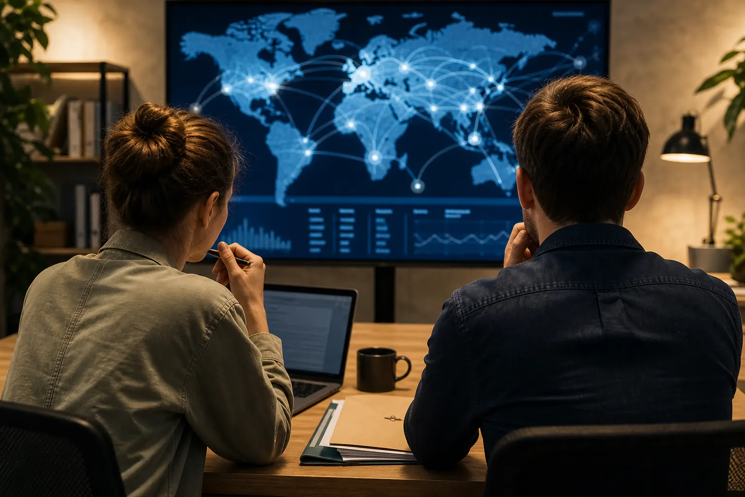 Start-up founders assessing international technology risks on a world map display