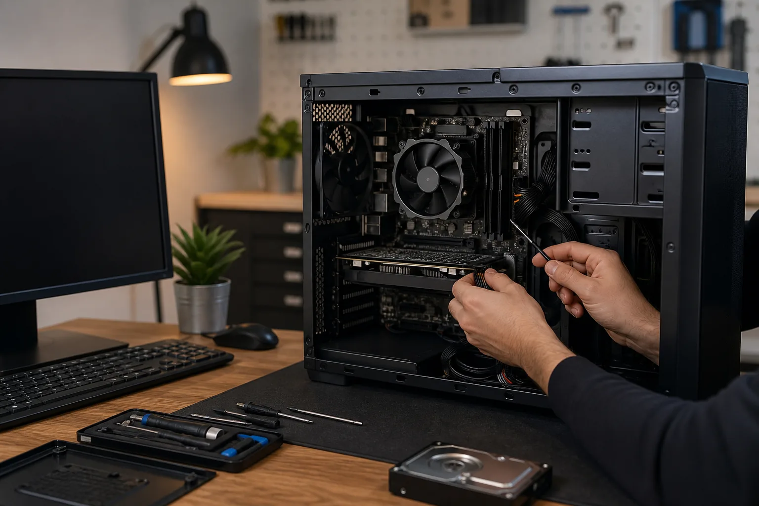 A desktop computer being serviced
